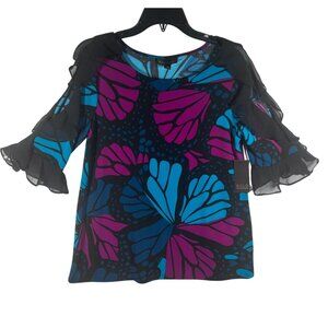 Bold Elements Womens Blouse Medium Abstract Print Chiffon Ruffle Sleeves NEW